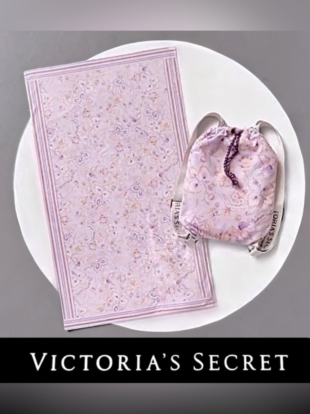 Victoria's Secret Lavender Floral Towel and Drawstring Pouch Set